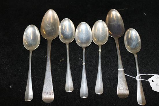 Two George III Old English pattern silver tablespoons (monogrammed) & a set of 5 Roberts & Belk silver dessert spoons (7)